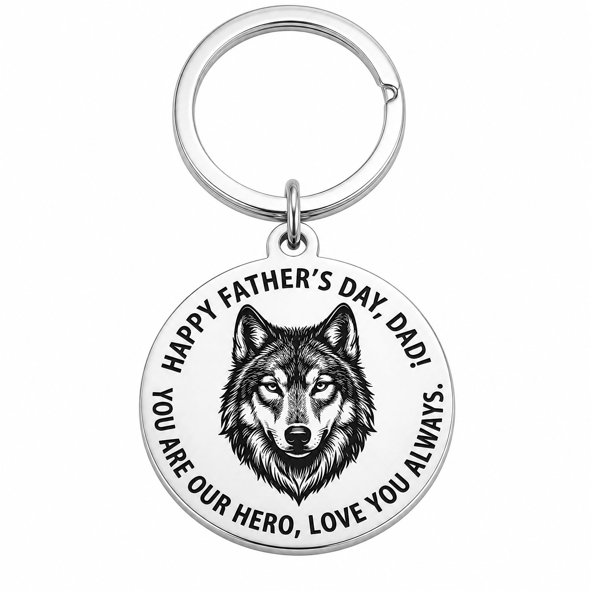 Father’s Day Keyring Gift for Dad, Wolf Design You Are Our Hero Love You Always Keychain, Silver Tone Keepsake Key Ring from Son Daughter, Birthday Christmas Gift for Dad Stepdad Grandad Husband