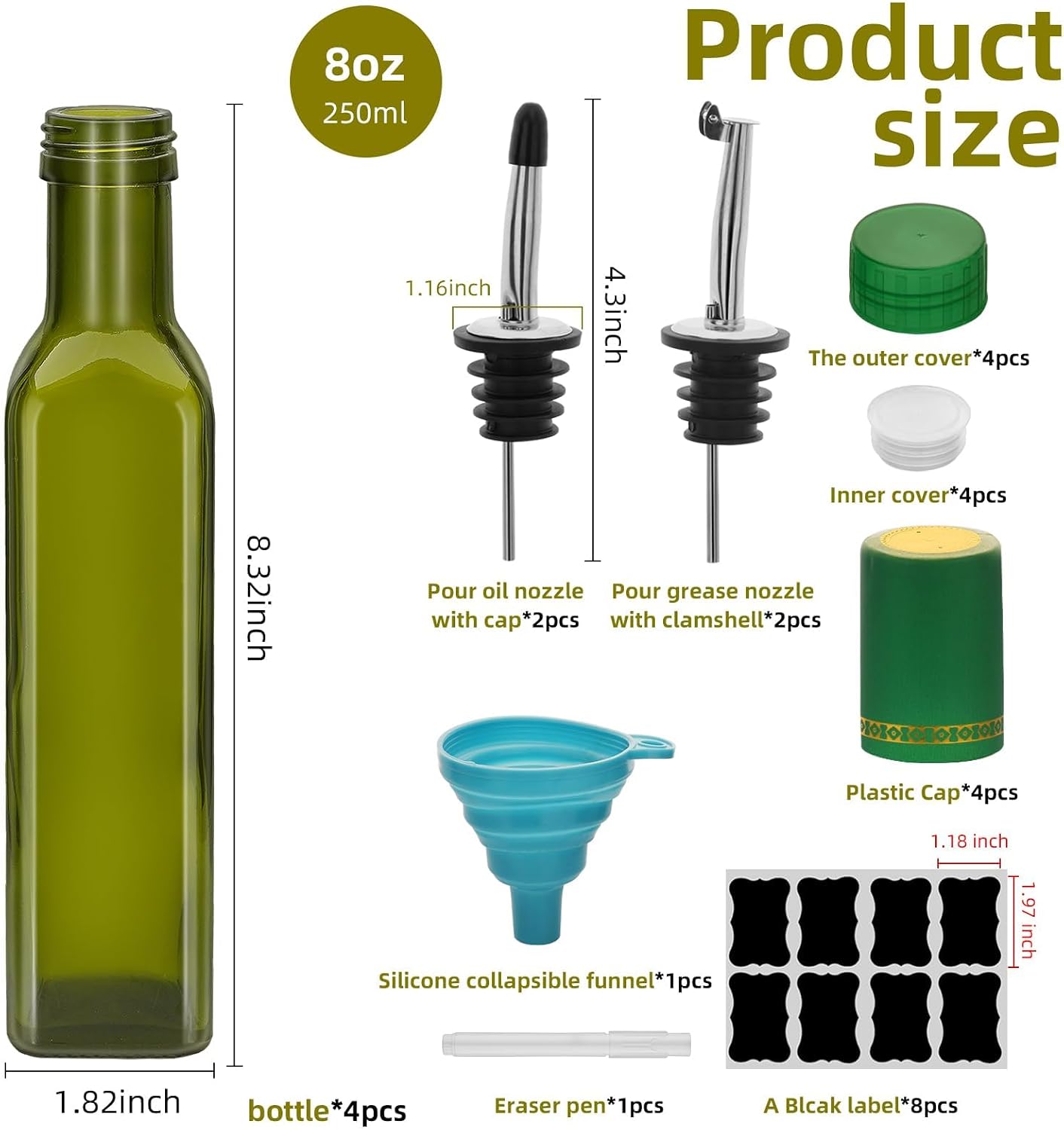 4Pcs Green 8 oz Olive Oil Dispenser Bottle,250 ml Glass Oil and Vinegar Dispenser Set with Pourers and Funnel ，Oil Bottles for Kitchen Large capacity oil bottles (4)