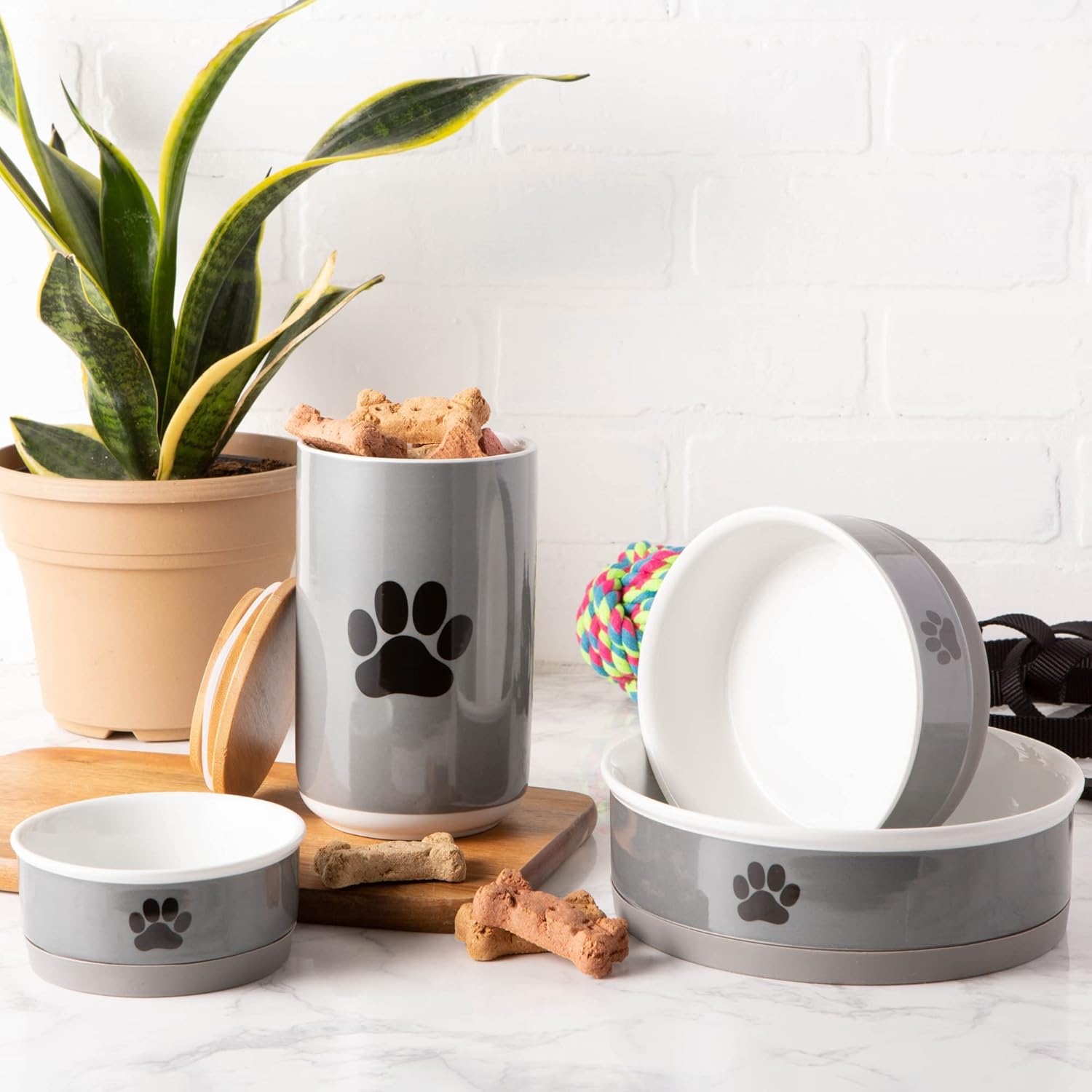 Bone Dry Ceramic Bone & Paw Pet Collection, Dishwasher Safe, Large Bowl, 7.5x2.4, Gray, 2 Count