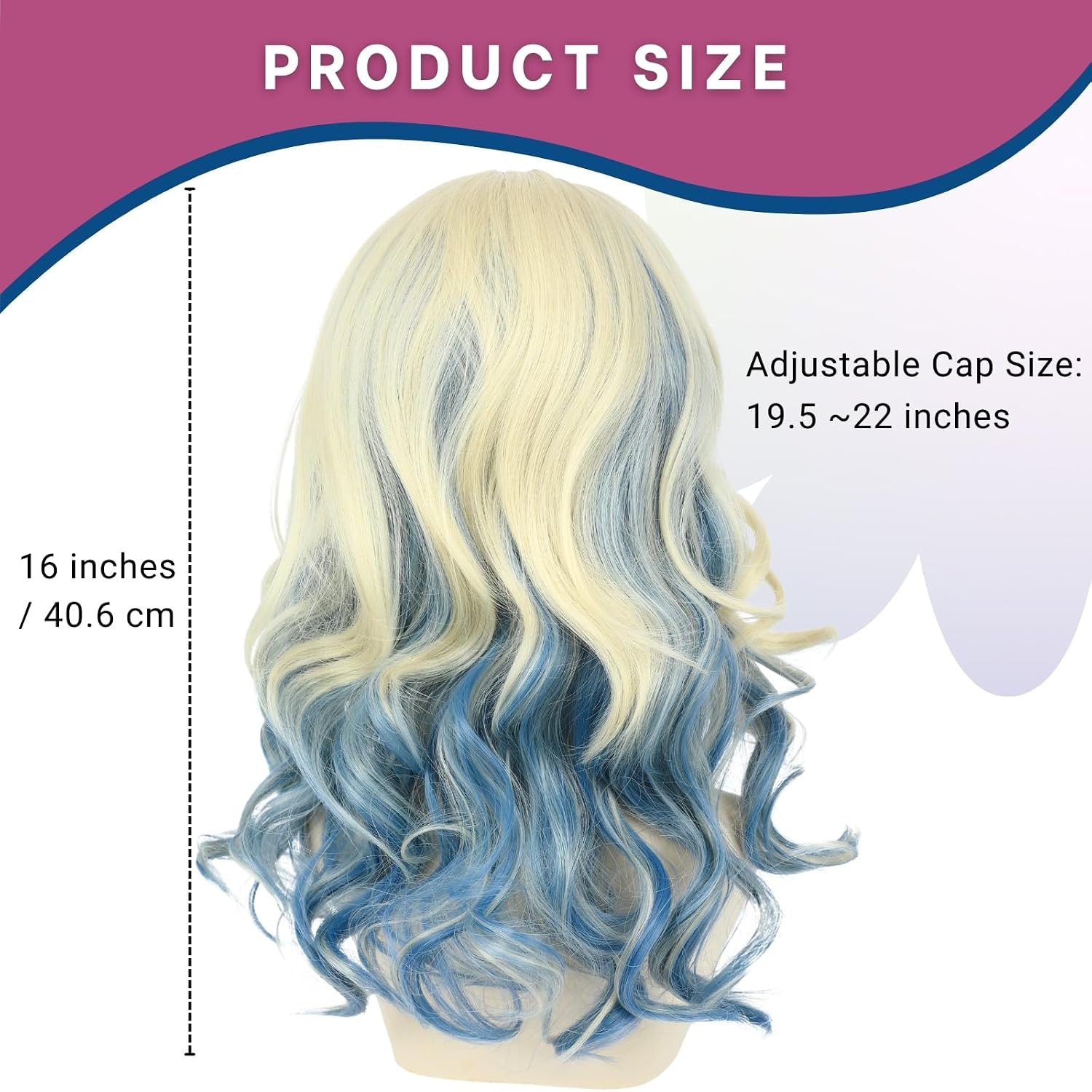 PUREHAIR Blonde Ombre Blue Anime Cosplay - Long Blond Wavy Synthetic Hair Wig for Halloween Costume Party (Small Head)