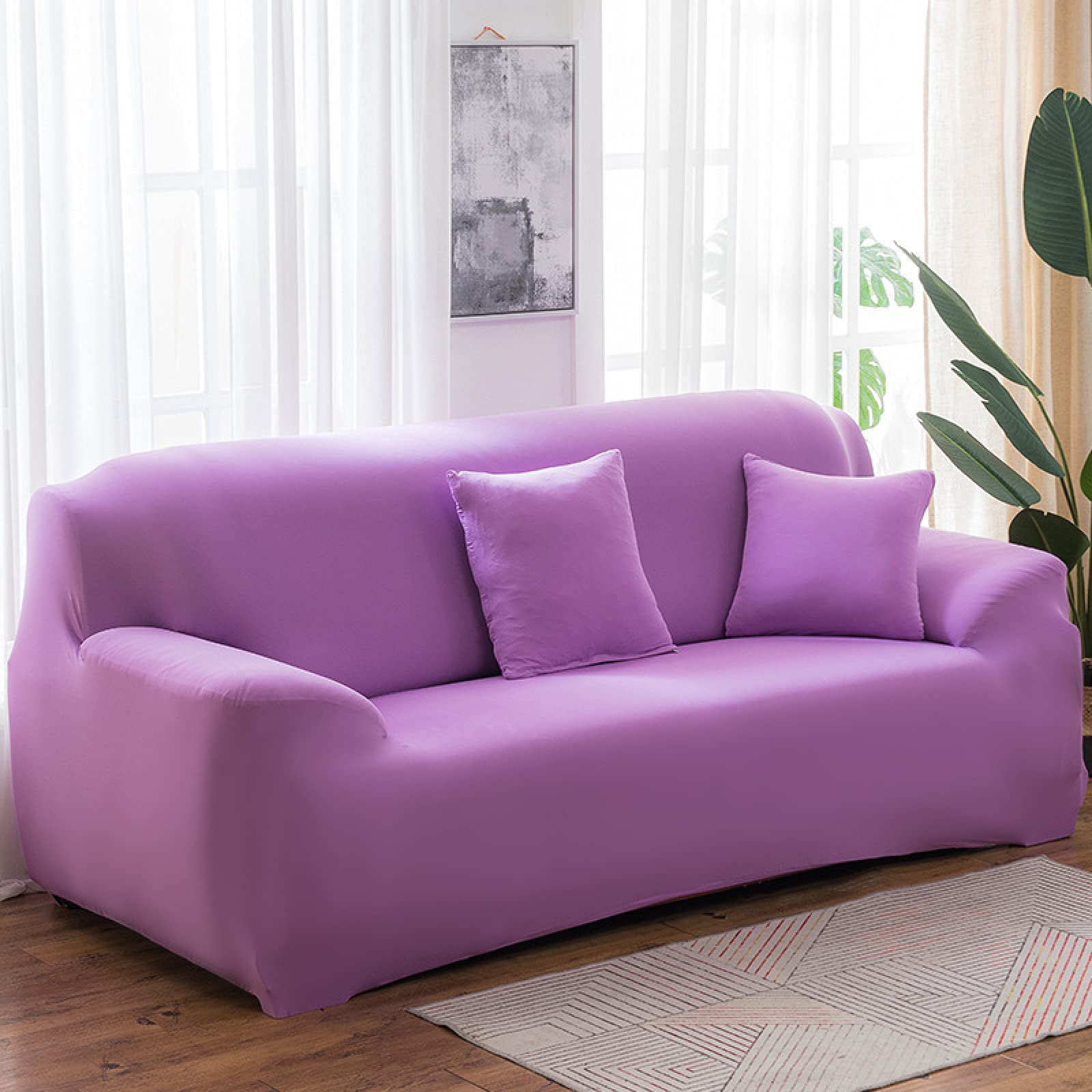 2 Seater Sofa Cover Lavender Stretch Sofa Covers Spandex Settee Covers 2 Seater Washable Sofa Protectors from Pets Non Slip Covers for Sofas All Seasons Couch Cover with Elastic Strap