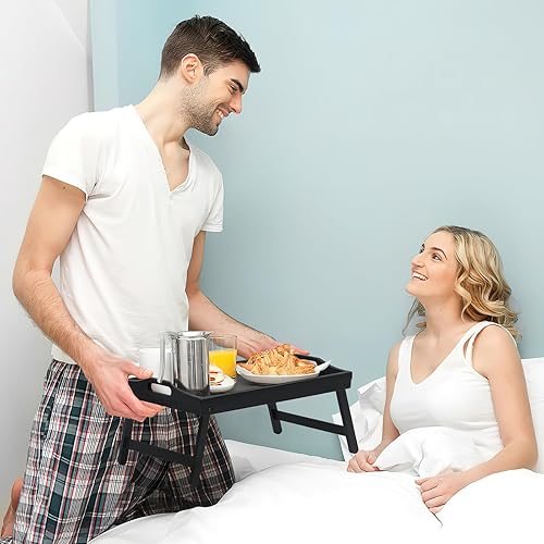 Miniatura 3 de Paquete de 2 bandejas de cama para mesa de desayuno, bandejas de servir, bandeja de bambú para cama portátil con patas plegables, asas y soportes