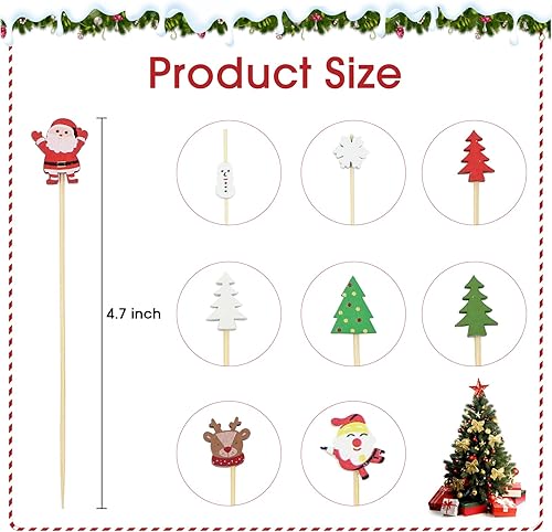 Miniatura 2 de 100 palillos de cóctel de Navidad de 4.7 pulgadas, árbol de Navidad, Papá Noel, muñeco de nieve, alce, copo de nieve, palillos de dientes