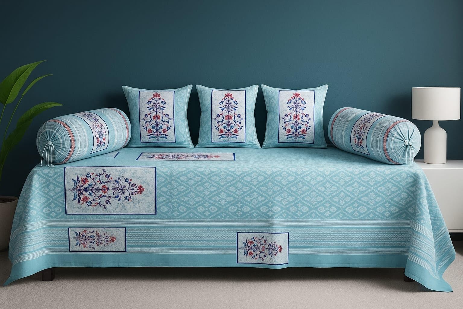 Jaipuri Cotton Diwan Set, Traditional Indian Jaipuri Print, Floral and Folk Design, 6 Piece Set, 1 Diwan Sheet, 3 Cushion Covers, and 2 Bolster Covers (Light Blue)-image-11