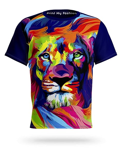 Print My Fashion Boys T-Shirt Regular Fit Lion Animal All Over Printed Graphic Micro-PP Salina Front with Combed Bio-Washed Cotton Sleeves and Back Navy Blue