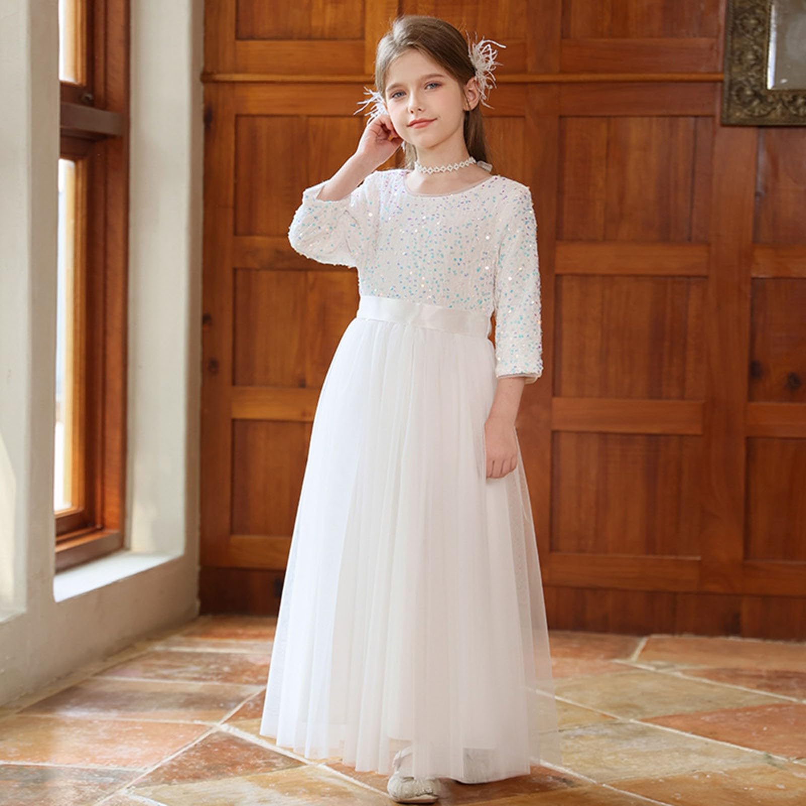 Vestido de Lentejuelas de Manga Larga para niñas con Capa superpuesta, Ideal para Fiestas y Eventos Especiales, diseño Elegante y Brillante, Tallas 7-12 años