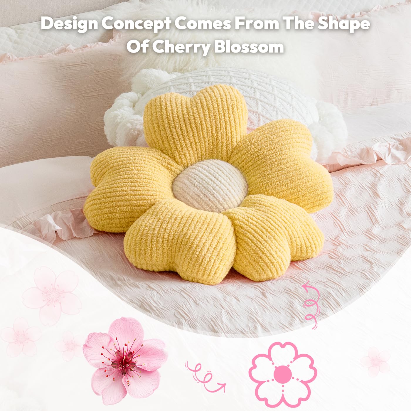 Sioloc Cojín de suelo, cojín de asiento, bonita almohada de flores, almohada estética como decoración de habitación, almohadas decorativas para cama, sofá (amarillo, 19.7 pulgadas)