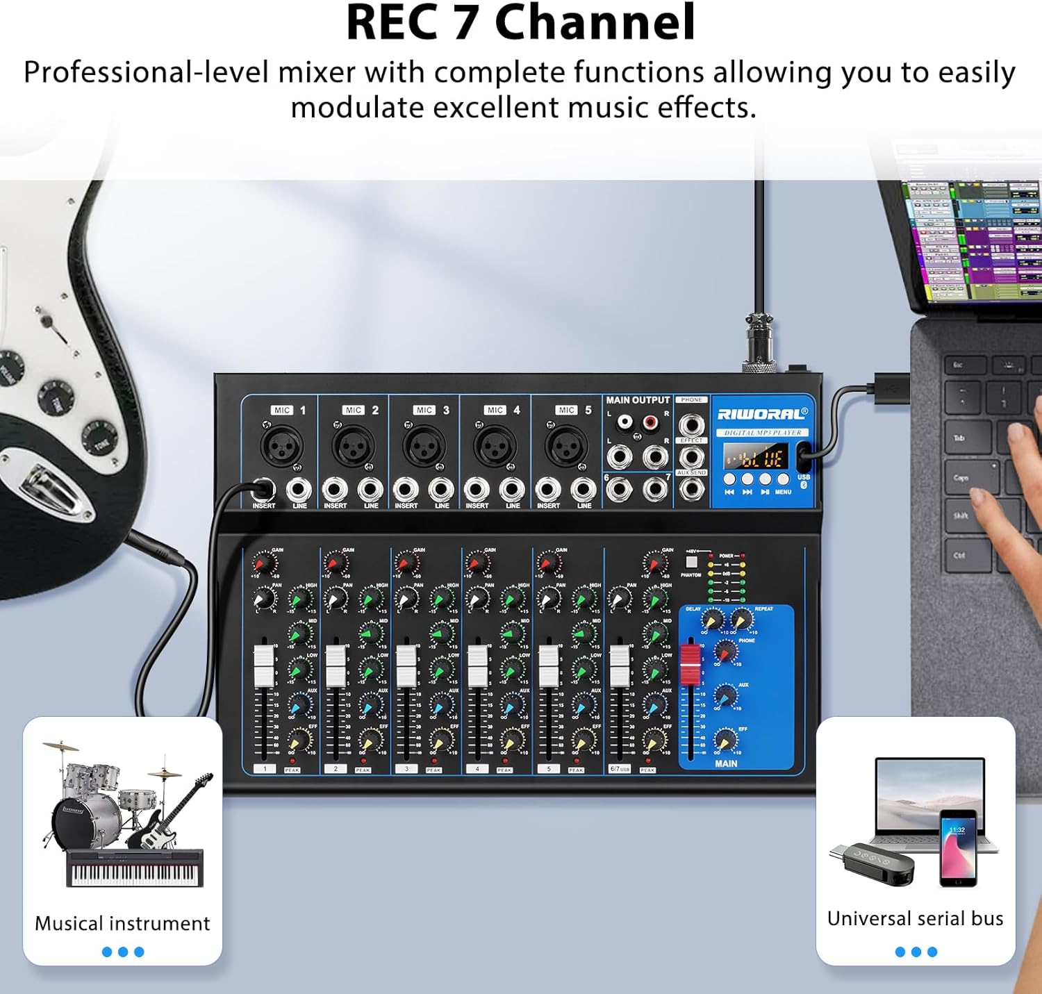 7 Channel Audio Interface USB Audio Mixer Sound Board Mixing Console Built In Bluetooth MP3 Computer Input +48V Phantom Power Mixer Audio For Karaoke Dj Stage Streaming Studio