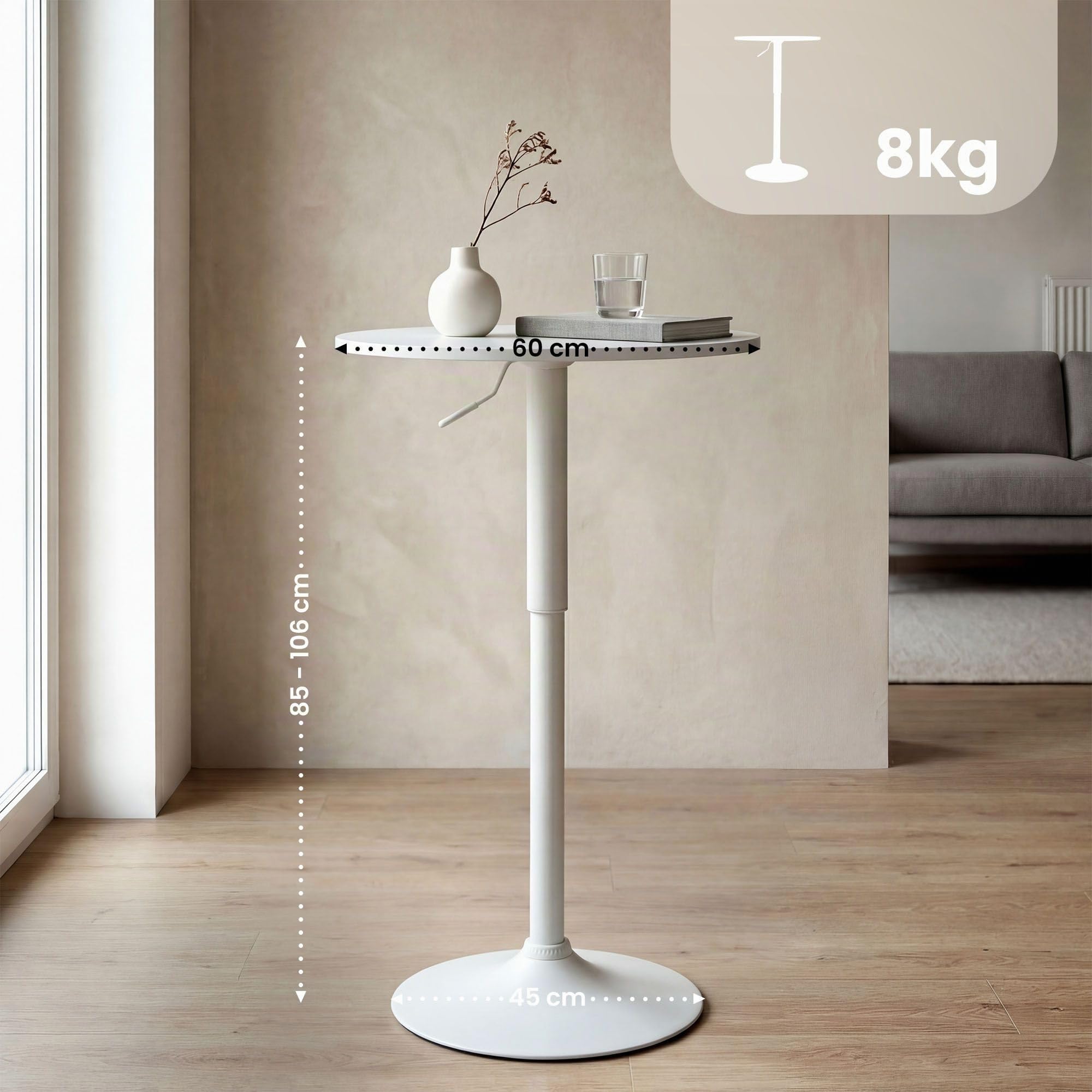 CLP Mesa Alta Redonda Lamoni 60cm, Bar Bistró Regulable en Altura, Giratoria 360 Grados, Estructura Metálica Robusta con Protección Suelo, Color:Blanco/Blanco, Forma:Redondo