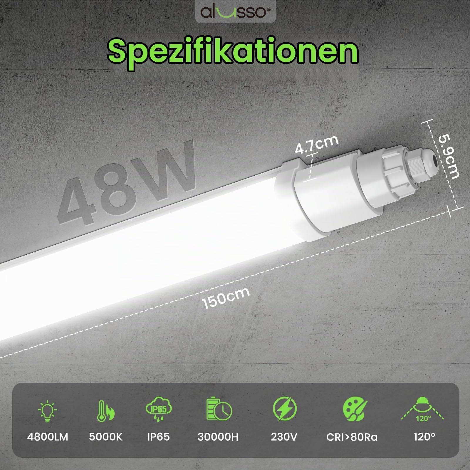 ALUSSO 2 Stück LED Feuchtraumleuchte 150CM, 48W 4800LM 5000K LED Röhre | IP65 Wasserfest Wannenleuchte, Deckenleuchte für Garage, Keller,Werkstatt,Feuchtraum, Bad, Büro, Warenhaus