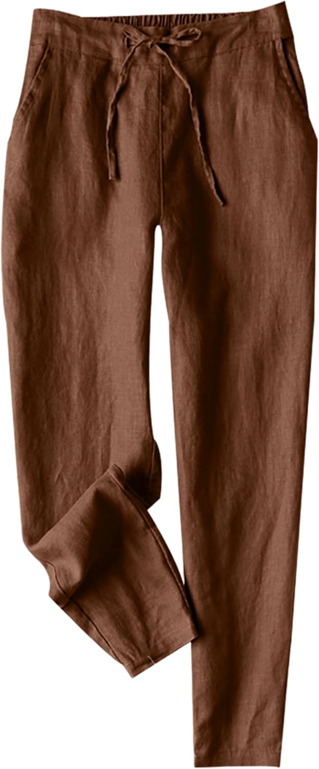 Tanming Linen Pants for Women Summer Casual High Waisted Drawstring White Beach Pant
