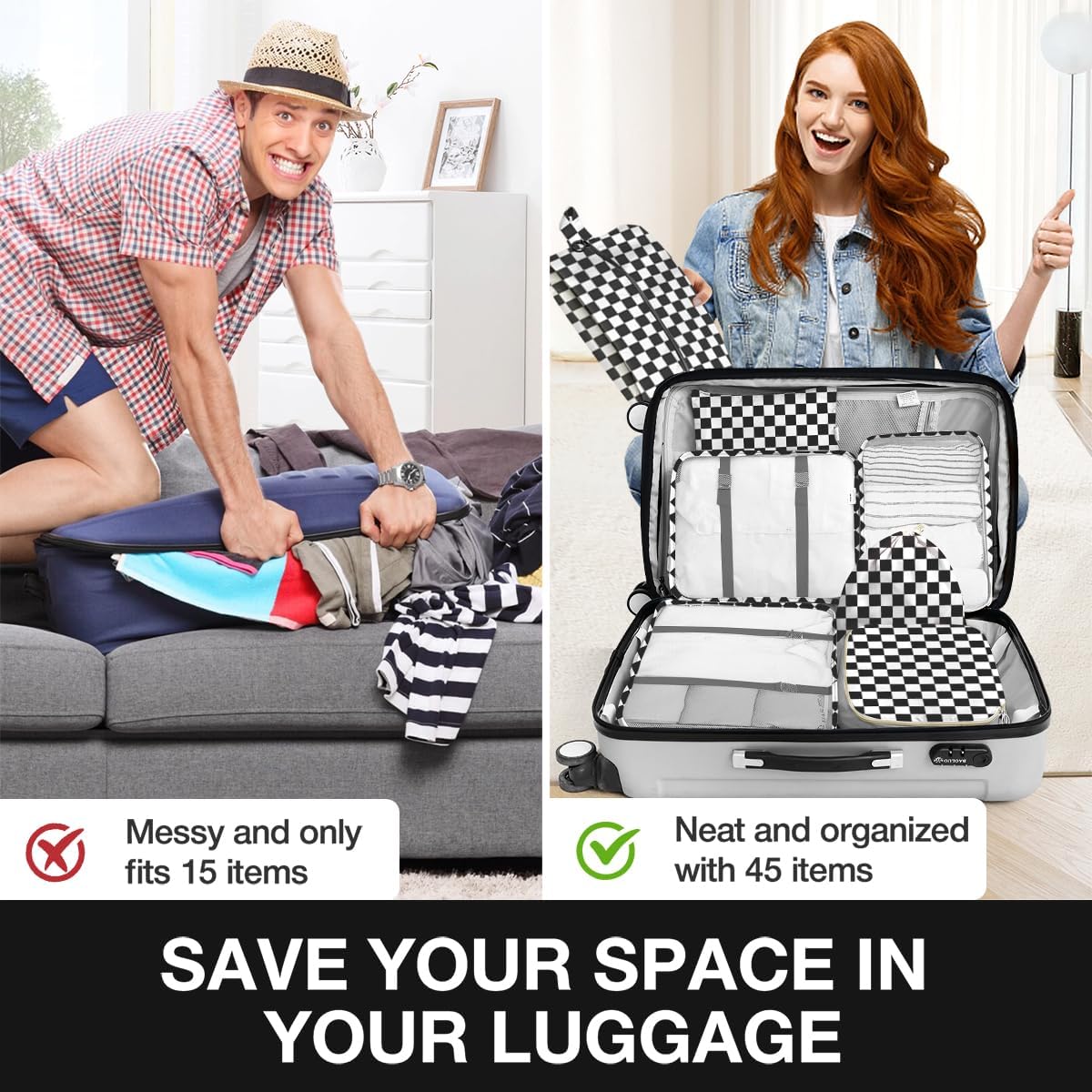 8 Set Packing Cubes for Suitcases,Packing Cube with Shoe, Cosmetics, Clothing, and Accessories Bags Packing Cubes for Travel Luggage Organizer Women Men(Black White Checkered) - Image 6