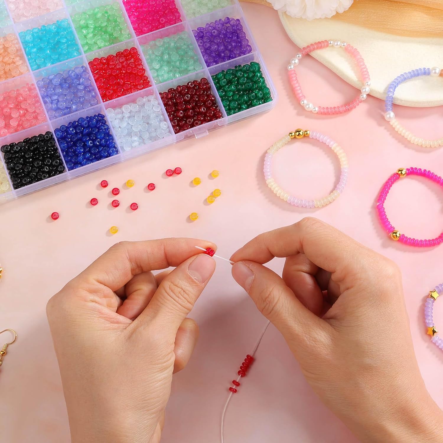 shynek 4800 Pieces 2x4mm Glass Rondelle Seed Beads for Jewelry Making, 28 Colors Small Beads for Bracelets, Embroidery, Crochet Craft Projects - Image 7