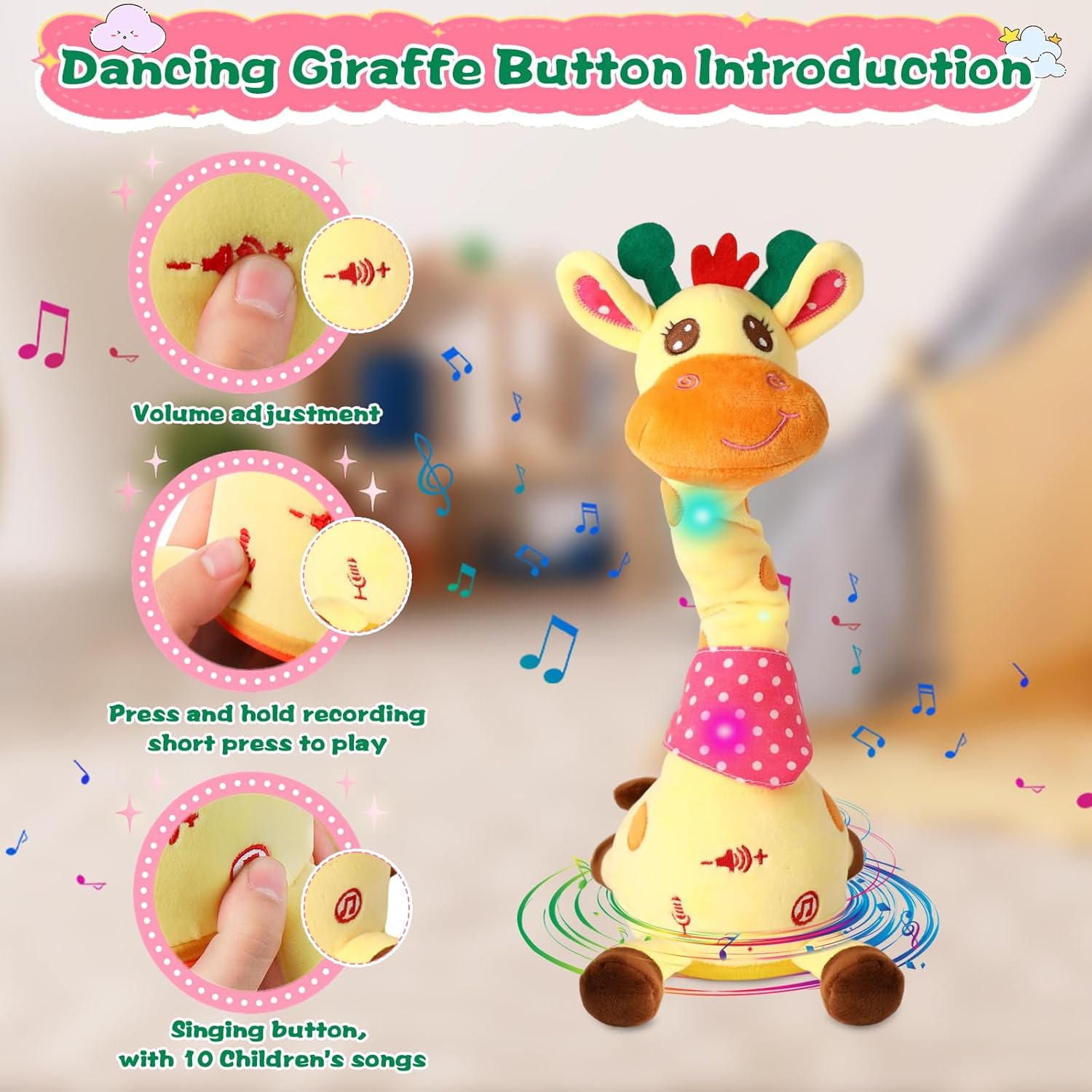 MIAODAM Dancing Talking Giraffe Stuffed Animals, Singing 10 Children's Song, Repeats What You Say, Colorful Glowing Giraffe Plush Baby Toys for Toddlers 1-3 Years，Easter Day Gifts for Kids