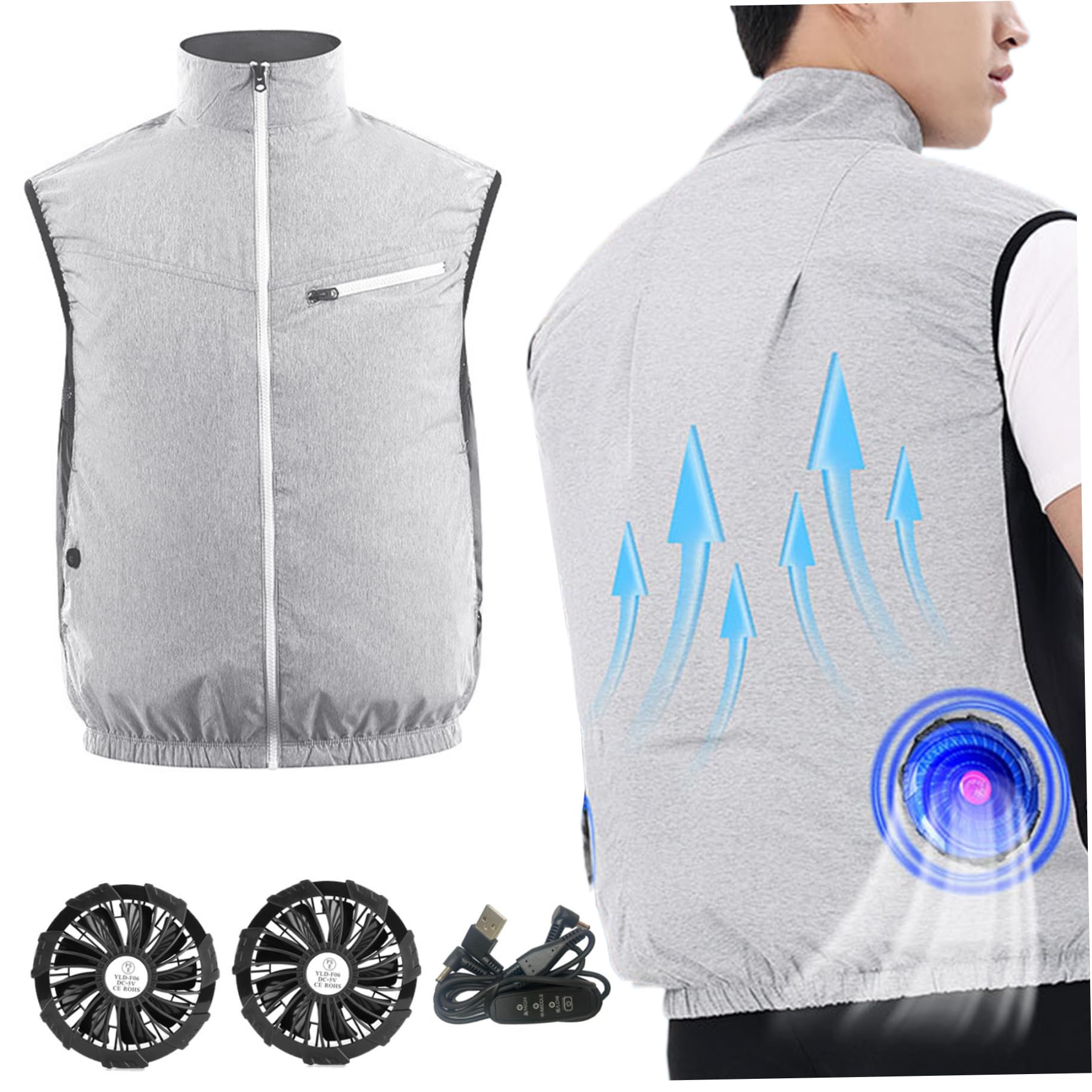 Gilet de Refroidissement, Veste de Ventilateur à Propulsion USB Taille XXL, Gilet Refroidissement avec 2 Ventilateurs, Protection UV Shirtmed Shirt Clissée pour Temps Chaud, Faible Bruit