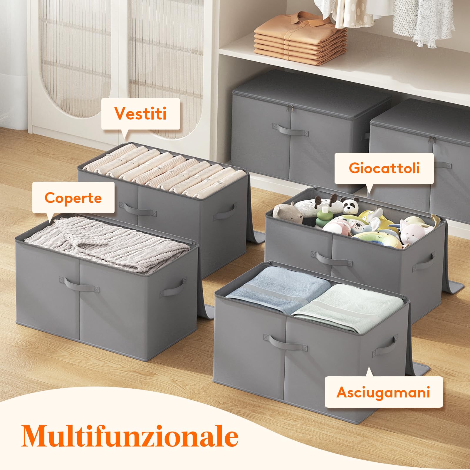 Lifewit Scatole Portaoggetti con Coperchio, Scatole per Armadio Rigide, Contenitori Armadio Salvaspazio con Cerniera per Vestiti, Giocattoli, Grigio, 56×32×33cm, 60L, Set di 6