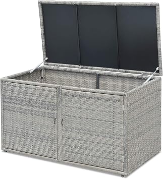 RELAX4LIFE PE Wicker Storage Box - Outdoor 88 Gallon 2-Tier Deck Box for Patio Furniture Toys Storage w/Lid & Front Doors, All Weather Rattan Storage Bin for Backyard Garden Poolside Porch Grey