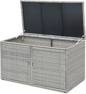 PE Wicker Storage Box - Outdoor 88 Gallon 2-Tier Deck Box for Patio Furniture Toys Storage w/ Lid & Front Doors, All Weather Rattan Storage Bin for Backyard Garden Poolside Porch (Grey)