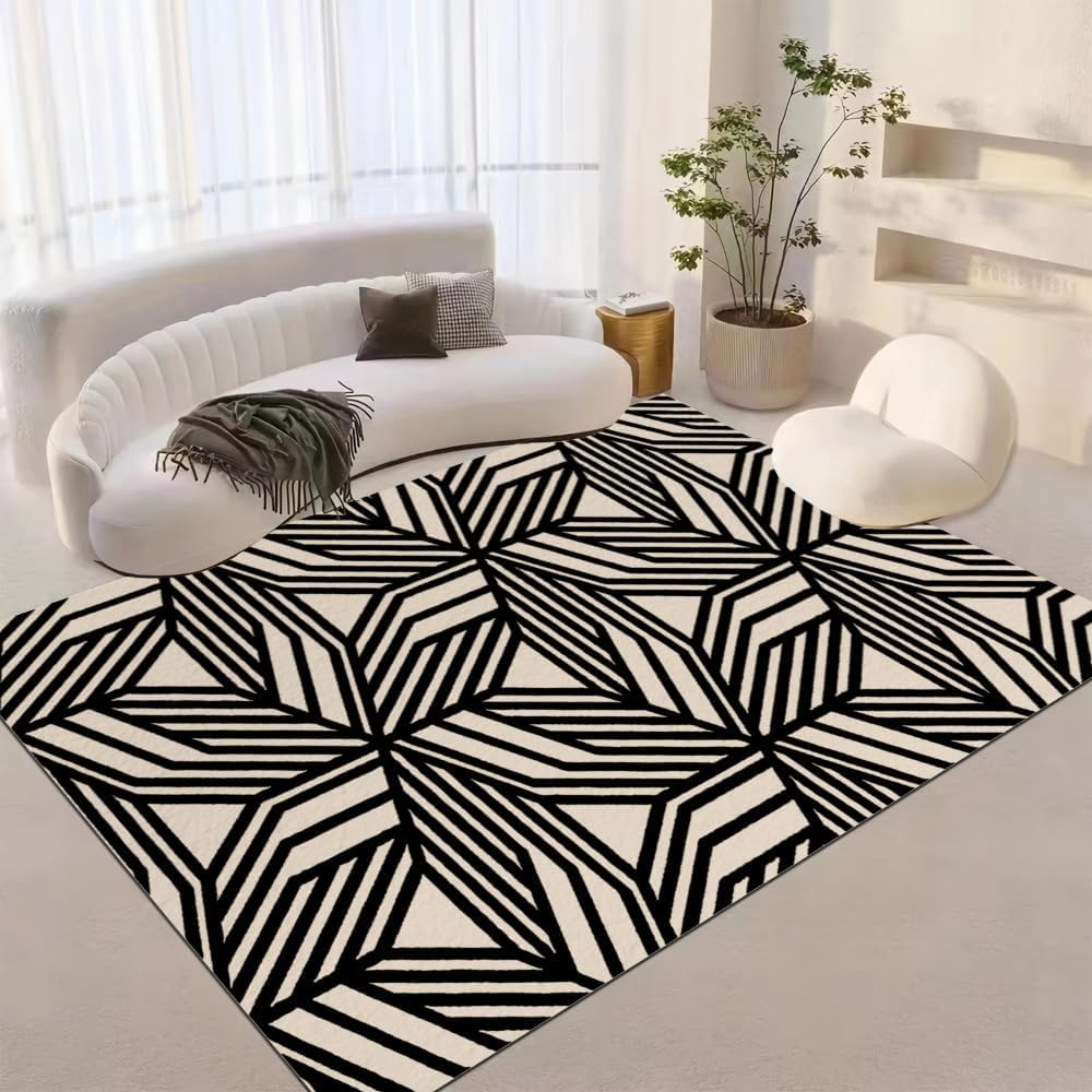 Tapis salon design géométrique abstrait en flanelle lavable de 120 x 160 cm pour chambre et cuisine