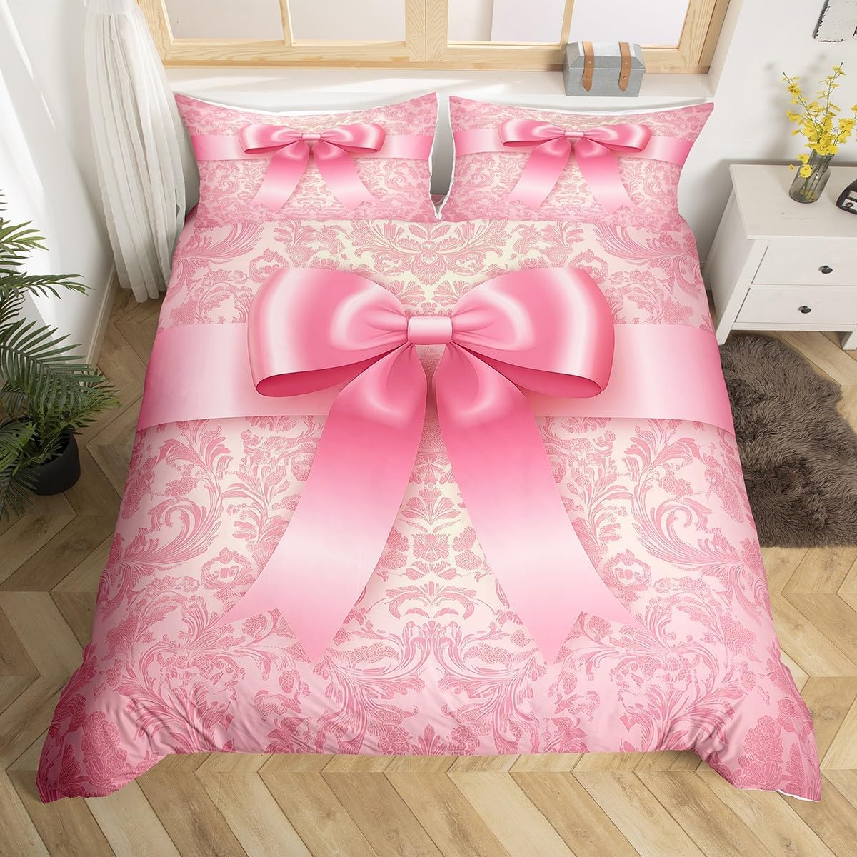 Erosebridal Pink Damask Bedding Set Toddler Size,Dreamy Girlish Bowknot Comforter Cover Gifts for Girl,Vintage Antique Victorian Duvet Cover,Girly Princess Bow Tie Quilt Cover with Zipper Closure