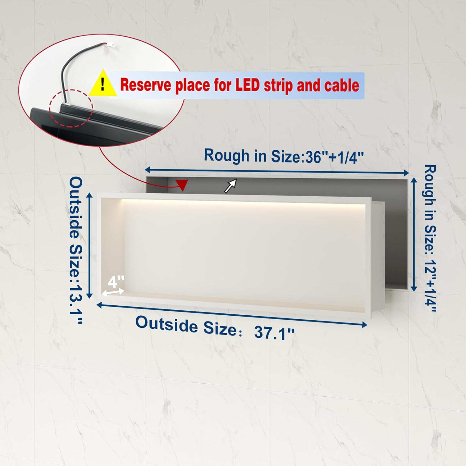 Diagram showing the dimensions of the Neodrain shower niche: 36 inches length, 12 inches height, 4 inches depth, with rough-in sizes indicated.
