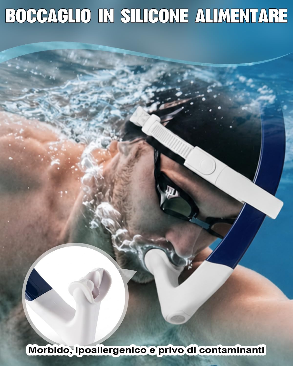 BOOSTEADY Boccaglio da Nuoto a Grande Diametro, Accessorio per Nuoto e Snorkeling con Tubo Aerodinamico, Boccaglio in Silicone e Valvola di Scarico Unidirezionale