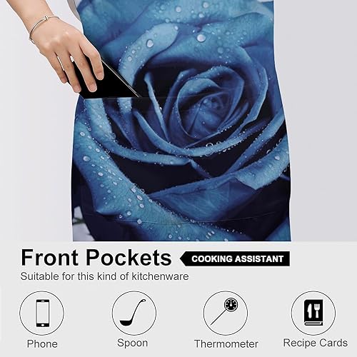 Miniatura 5 de MUSM Blue Rose Blooms ApronClassic Vintage Funny with Pockets Aprons,Adjustable Bib Waterdrop Resistant for Kitchen Cooking Restaurant BBQ Painting