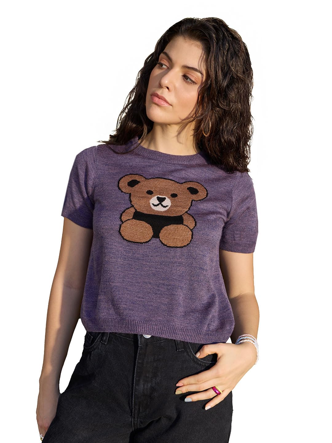 the souled store Grizzly Mood Women and Girls Short Sleeves Round Neck Heathered Purple Graphic Printed Chenille Patch Acrylic Regular Fit Lightweight Streetwear T-Shirts-picture-48