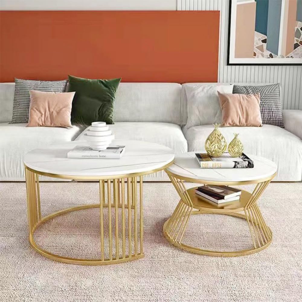 Nesting Coffee Table Set of 2, Modern Center End Tables with Marble Desktop and Metal Frame, Multifunctional Round Side Tea Snacks Table Set for Living Room Reception Room Sofa Parlor Office Couch