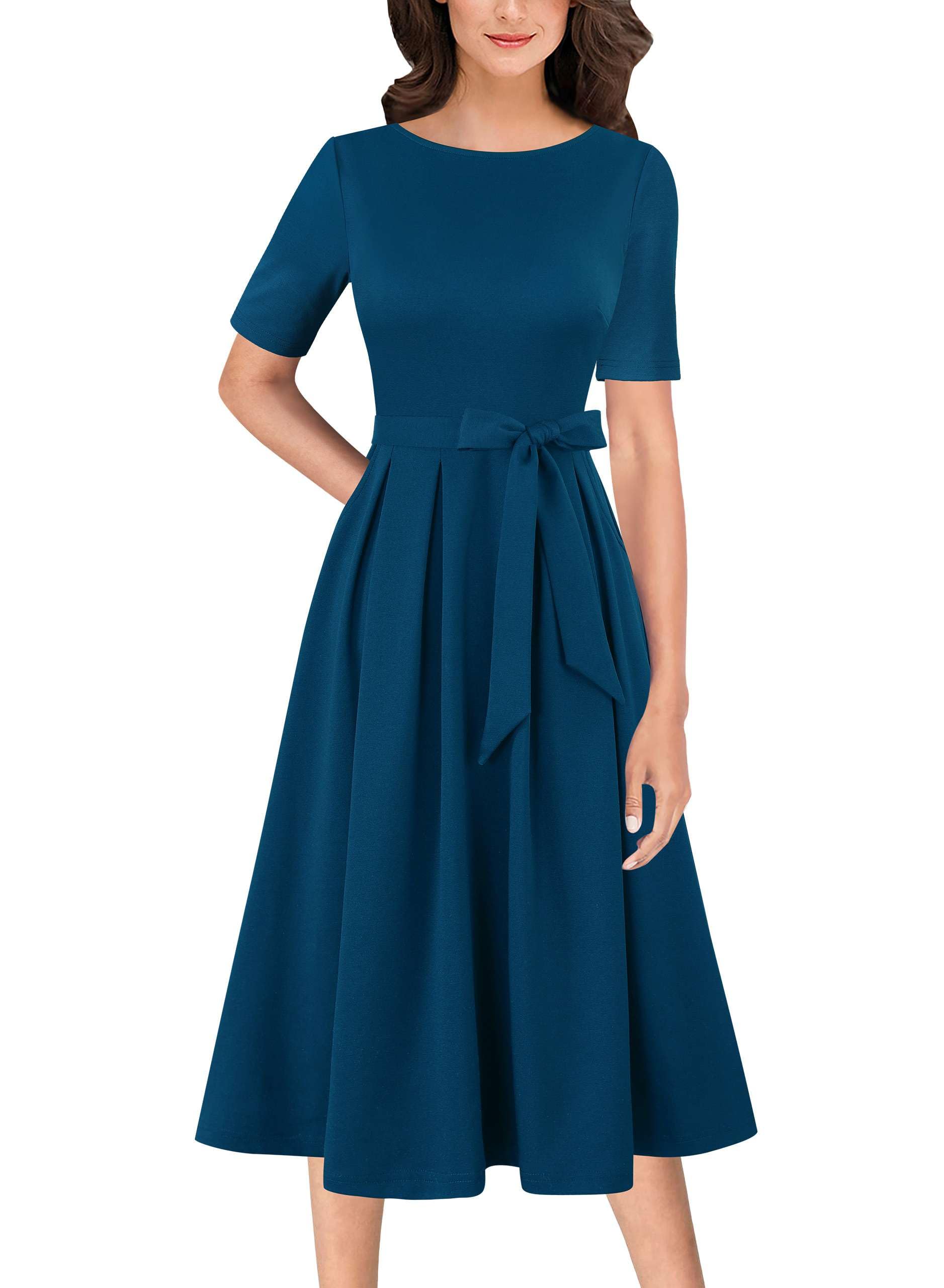 VFSHOW Womens Work Business Casual Church Pockets Belted A-Line Midi Dress