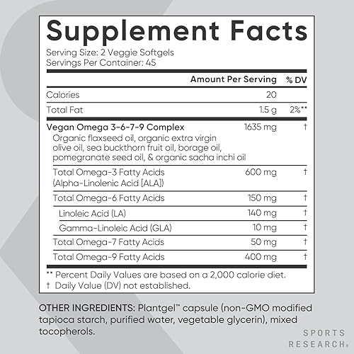 Miniatura 6 de Sports Research Omega vegano 3-6-7-9  1200 mg de ácidos grasos Omega multiespectro certificado sin OMG fórmula con espino cerval de mar y aceite de