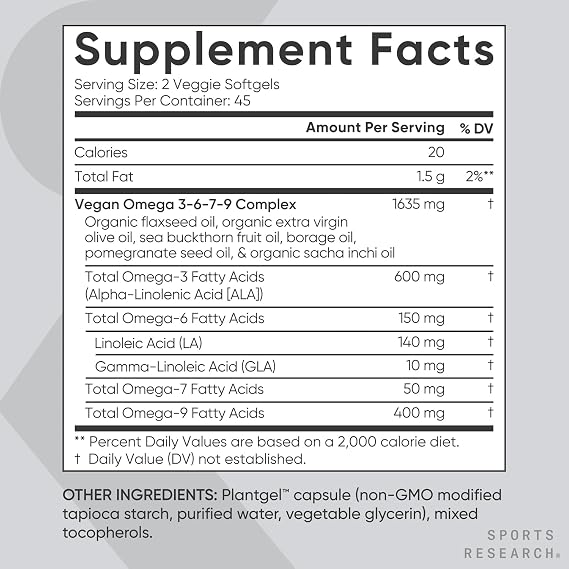 Sports Research Essentials Pack - Vegan Multi-Spectrum Omega 3-6-7-9 + Vitamin D 5000iu & Mk7 Vitamin K 100mcg + Vitamin C 1000mg