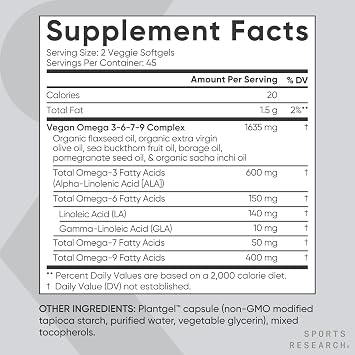 Sports Research Essentials Pack - Vegan Multi-Spectrum Omega 3-6-7-9 + Vitamin D 5000iu & Mk7 Vitamin K 100mcg + Vitamin C 1000mg
