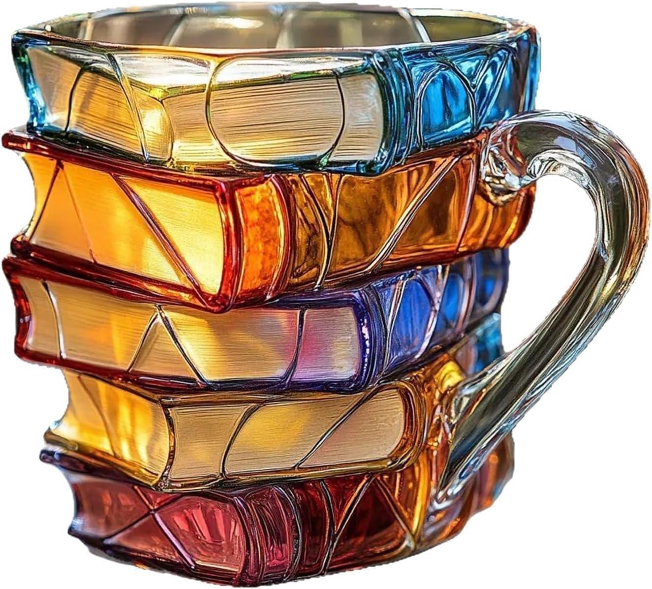 3D Painted Book Stack Mug - 11oz Unique Stained Glass Coffee Cup for Readers & Book Mug, Hand-painted Reading Happiness Cup, Library Bookbound Mug Desk Decorative Collection Gifts