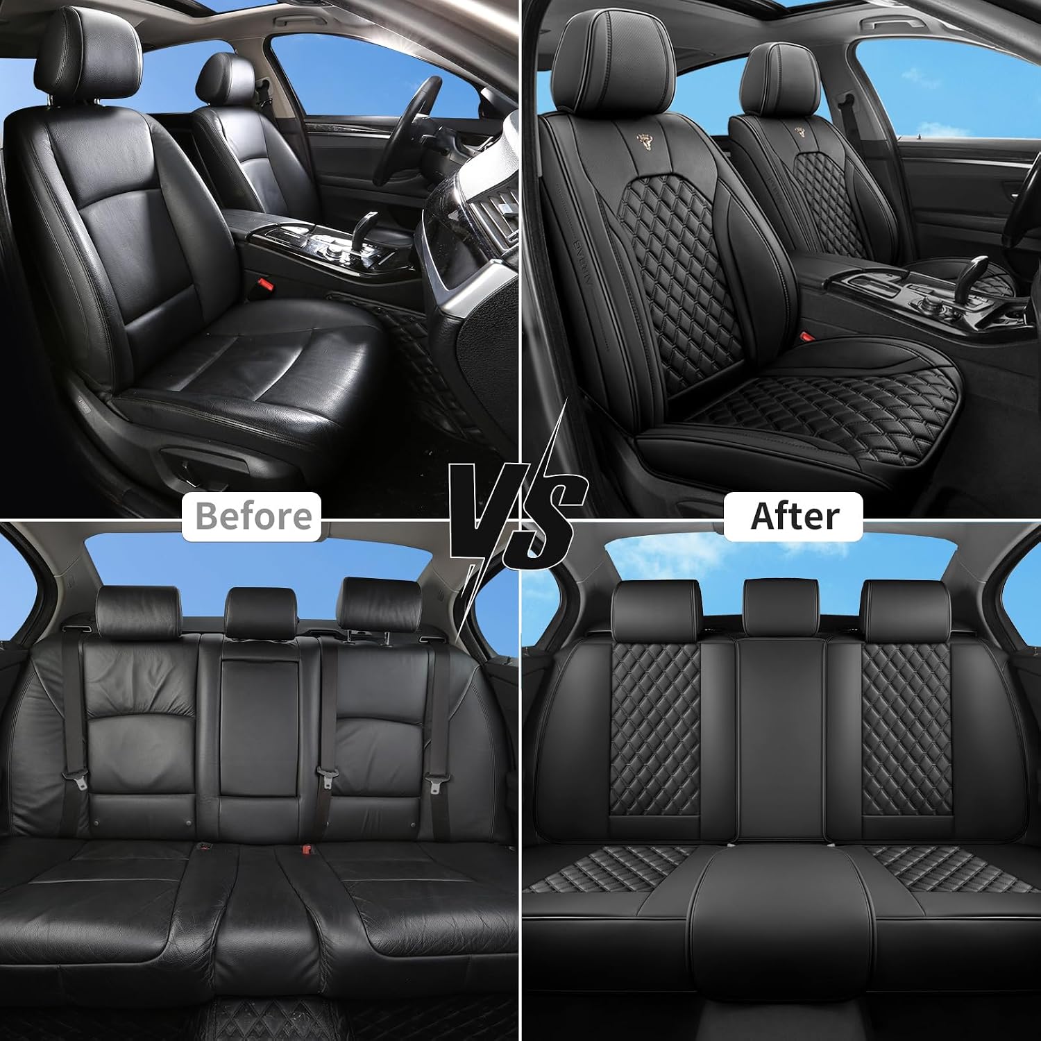 Car Seat Covers Full Set, Luxury Faux Leather Car Seat Covers Waterproof Non-Slip Seat Protector Universal Fit for Most Cars SUVs Trucks Pick-ups,Car Accessories Interior (Black, Full Set)