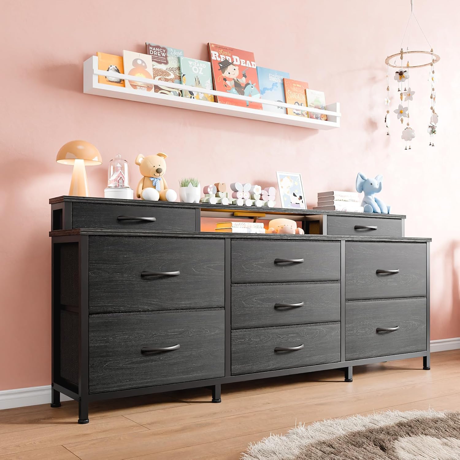 Furnulem Dresser with LED Light and Charging Station, Black Dresser for Bedroom with 9 Storage Organizer Drawers and Open Shelf, 55" Entertainment Center & Chest of Drawers for Living Room Bedroom - Image 8