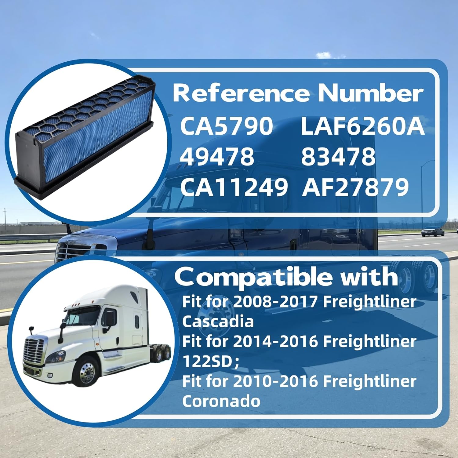 Engine Air Filter（BLUE） with Screwdrivers fit for Freightliner Cascadia 2008-2017,122SD 2014-2016,For Coronado 2010-2016 Replaces AF27879 CA5790 83478 P618478 CA11249 LAF6260