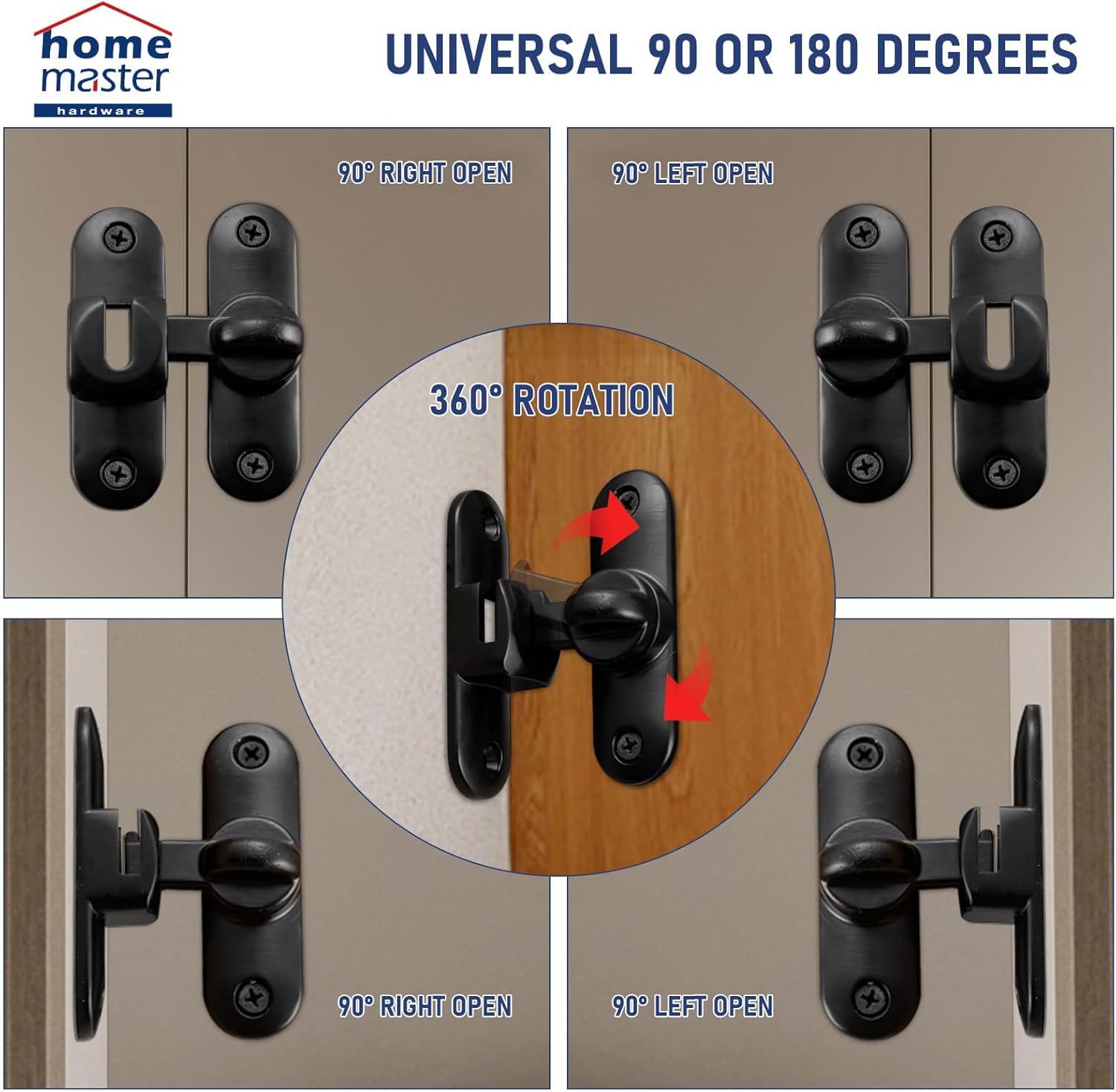 HOME MASTER HARDWARE 90/180 Degree Flip Barn Door Lock, Thickened Solid Gate Latches, Security Sliding Door Latch for Cabinets, Bathroom, Sliding Doors and Windows (Black, 1-Pack)