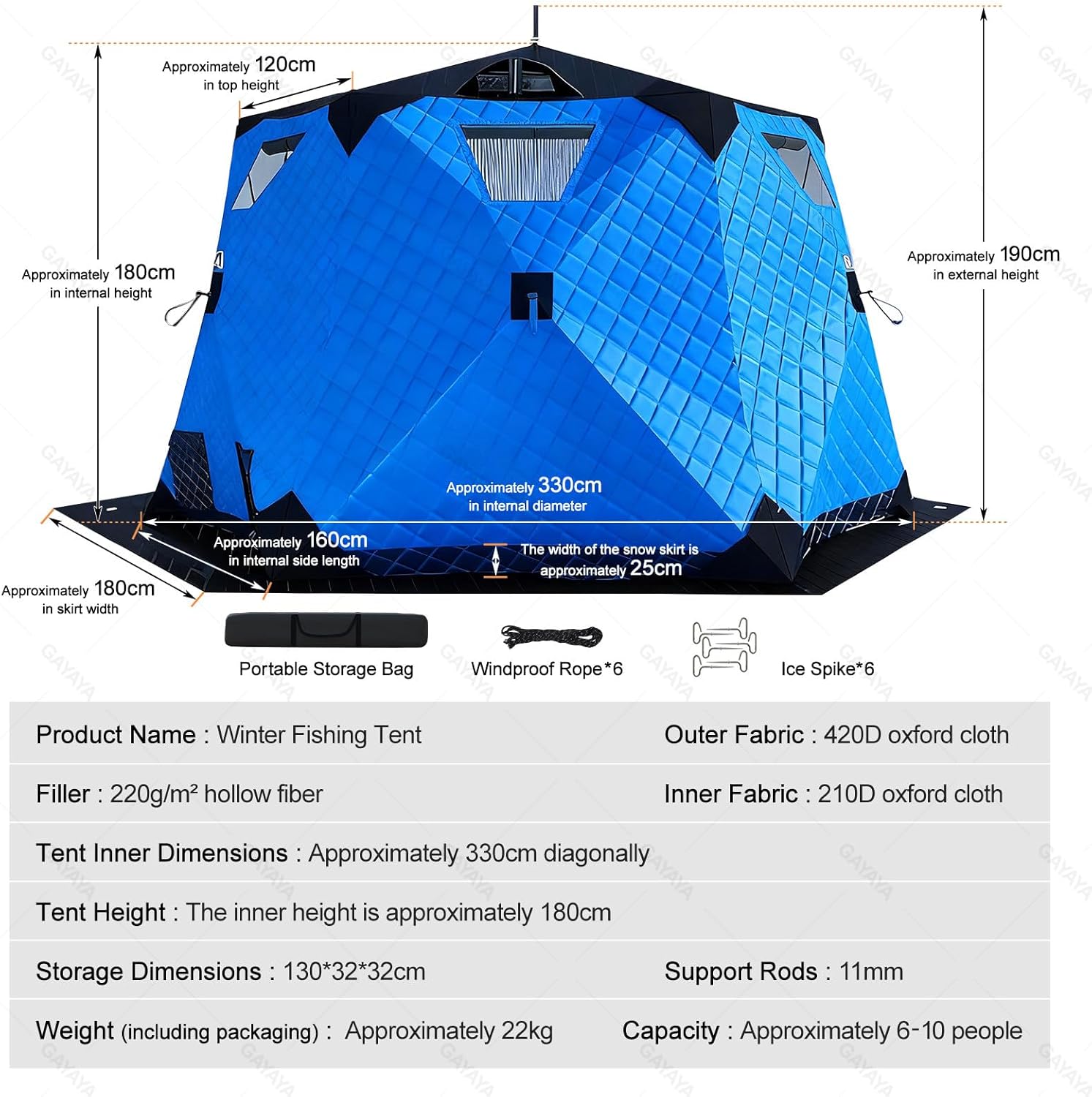 Winter Fishing Tent, Person Insulated Tent, Ice Fishing Shelter with Stove Jack and Winter Fishing Mat, Carrying Bag, for 6-10 People, Windproof and Warm Blue