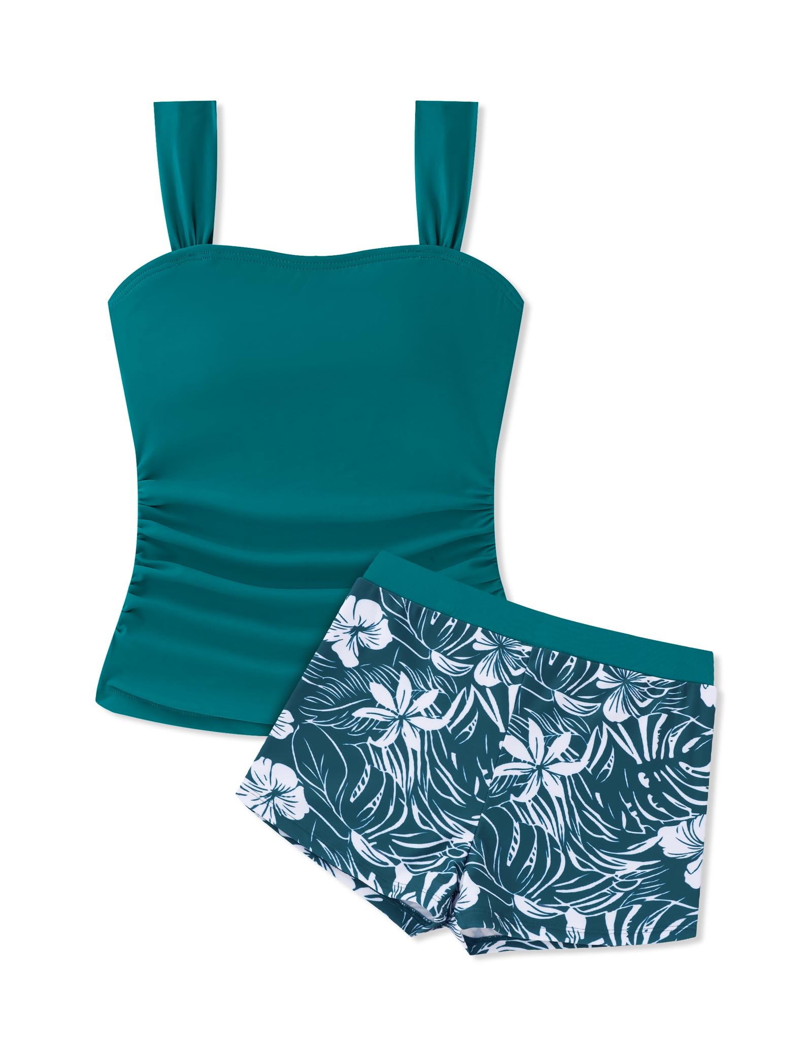 Photo 1 of Gaupafmb Teen Bathing Suits for Girls 12-14 Dark Green Solid Ruched Side Squre Neck Tankini with Tropical Printed Shorts Teen Girl Bikini