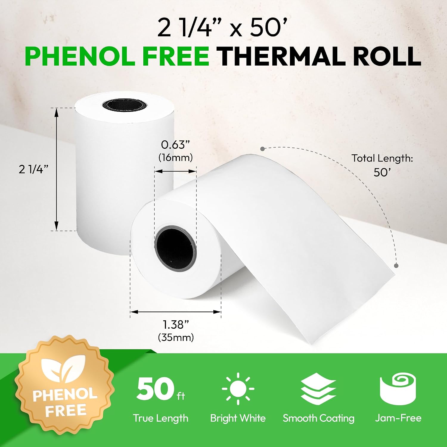 2 1/4" x 50' Thermal Paper (50 Rolls) - Phenol Free BPA & BPS Free Receipt Paper, 48 GSM Safe Thermal Printer Paper, Work for Credit Card Machines, Cash Register Tape, POS Printers
