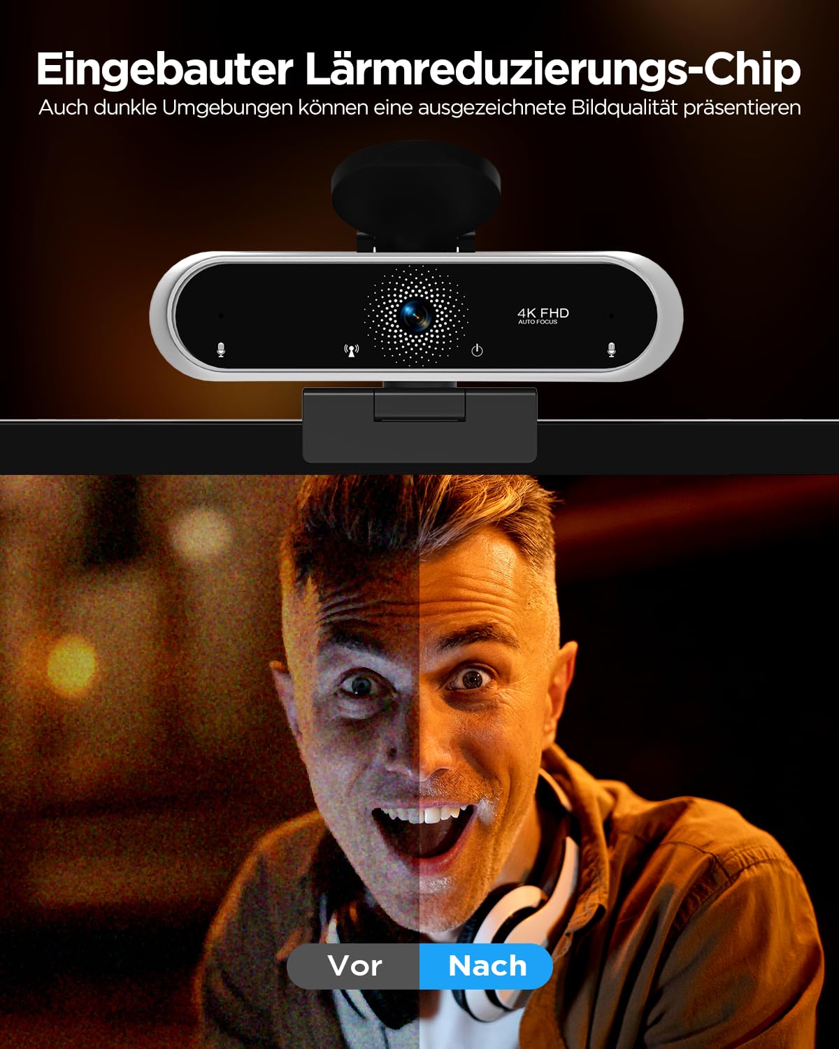 NIVEOLI Webcam 4K con microfono e copertura webcam, treppiede, desktop, per streaming live videochiamata, conferenza, lezioni online, gioco plug & play con correzione automatica della luce per