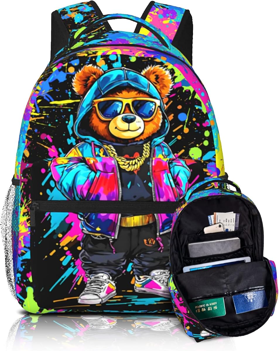 Cartoon Bear Backpack，Cool Cute Graffiti Bear Backpack School Bag，Graffiti Bookbag For Work Travel，Cool Lightweight Stylish Bookbag For Kids Boys Children Students