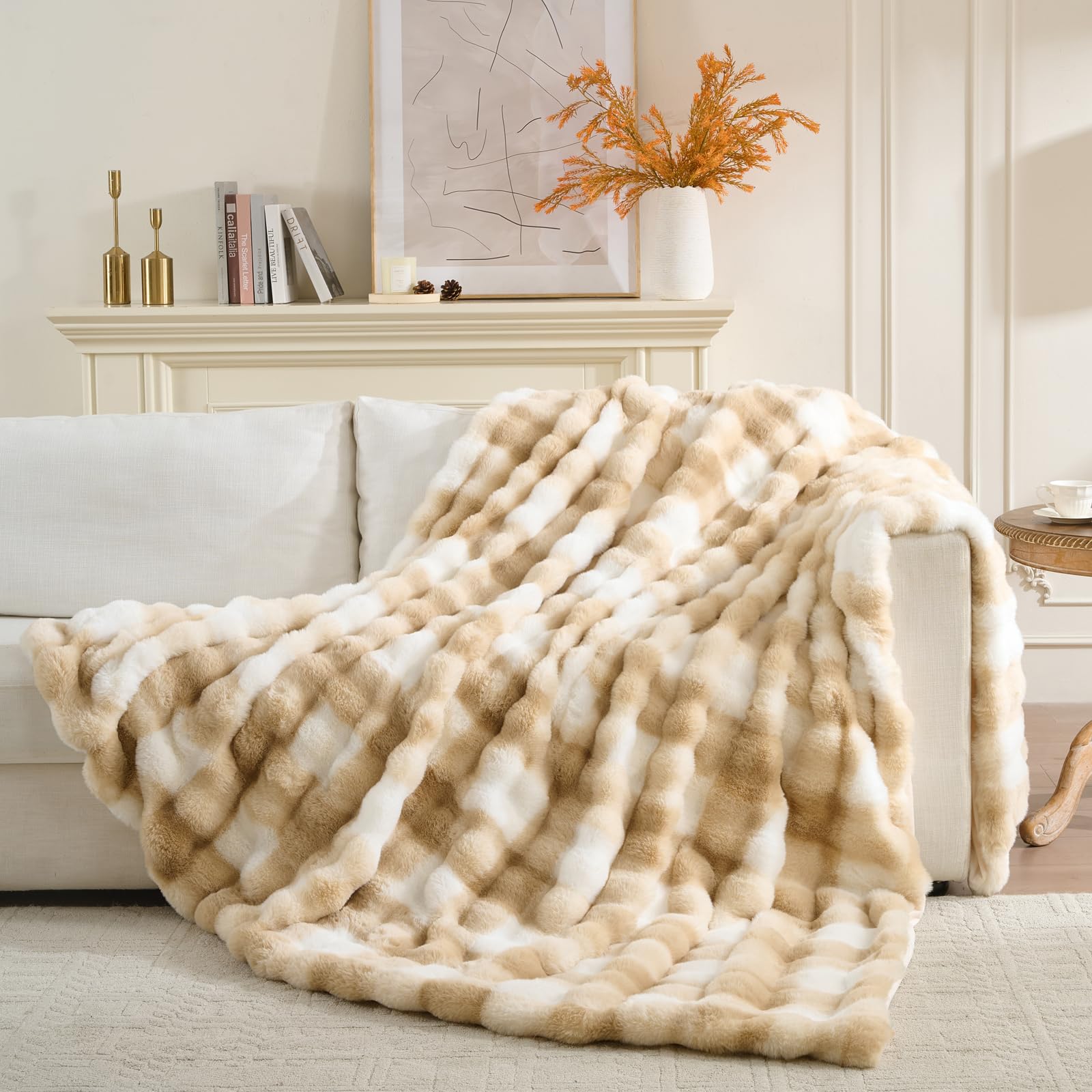 760GSM Faux Rabbit Faux Fur Throw Blanket,Super Thick Warm Bubble Blanket Throw,Fuzzy Luxury Plush Decorative Blanket for Couch Bed Sofa(Cream and Camel,50''x 60'')