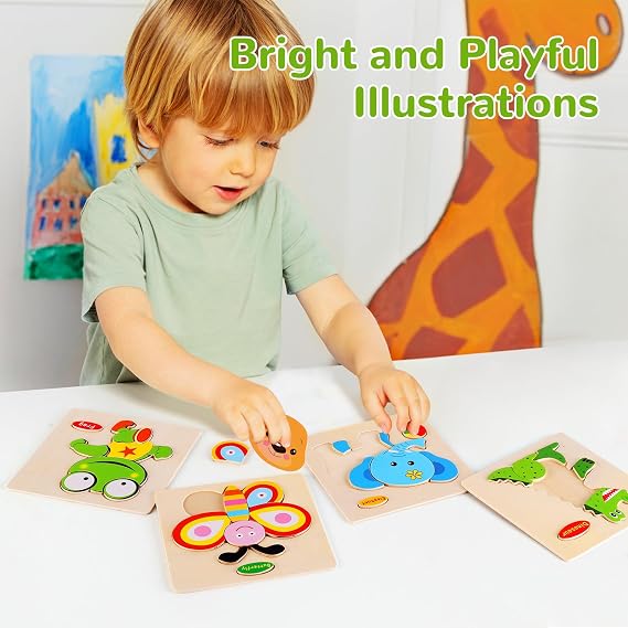8 Pack Wooden Animal Puzzles for Kids Ages 3-5, Chunky Jigsaw Puzzle Set with Dinosaur, Panda, Crab, Elephant, Bear, Frog, Butterfly and Rabbit, Preschool Learning Toys for Boys and Girls
