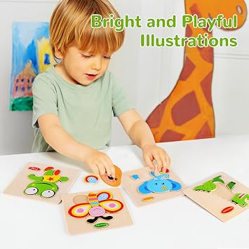 8 Pack Wooden Animal Puzzles for Kids Ages 3-5, Chunky Jigsaw Puzzle Set with Dinosaur, Panda, Crab, Elephant, Bear, Frog, Butterfly and Rabbit, Preschool Learning Toys for Boys and Girls