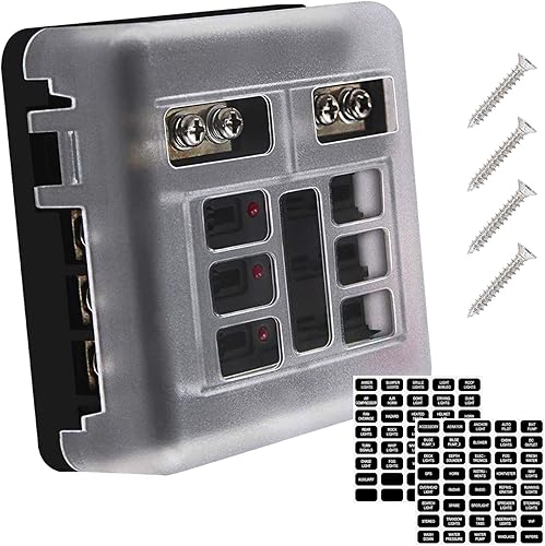 Caja de fusibles de 6 vĂas con bus negativo, bloque de fusibles Ampper ATCATO con indicador LED, cubierta, tornillos y etiqueta adhesiva para Caja de fusibles de 6 vĂas con bus negativo, bloque de fusibles Ampper ATCATO con indicador LED, cubierta, tornillos y etiqueta adhesiva para