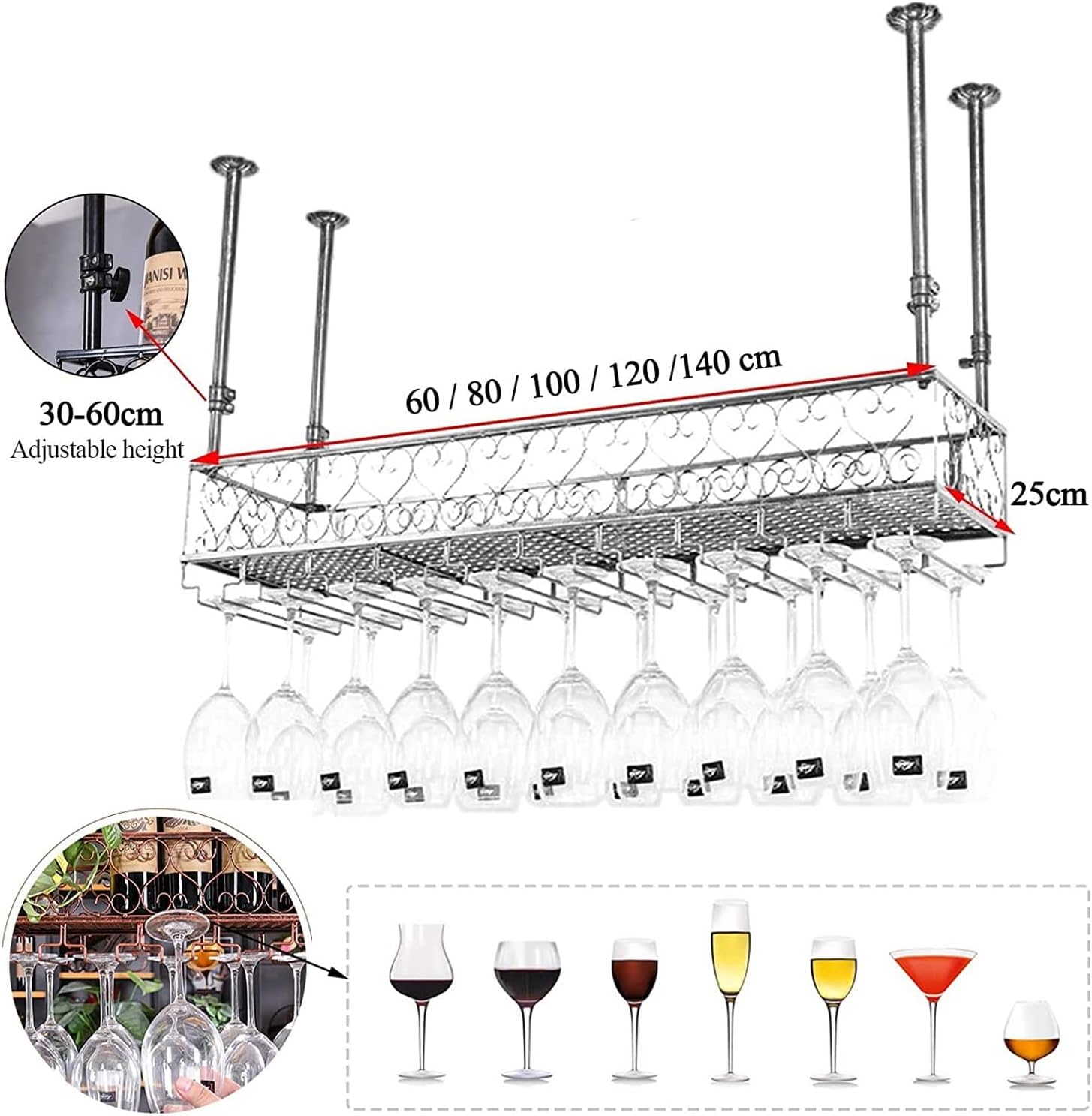 Ceiling Wine Glass Rack Ceiling Iron Wine Rack,Adjustable Height,Industrial Metal Wine Bottle Holder,White Stemware Holder,Restaurants/Bars/Home Decorative Storage Shelf