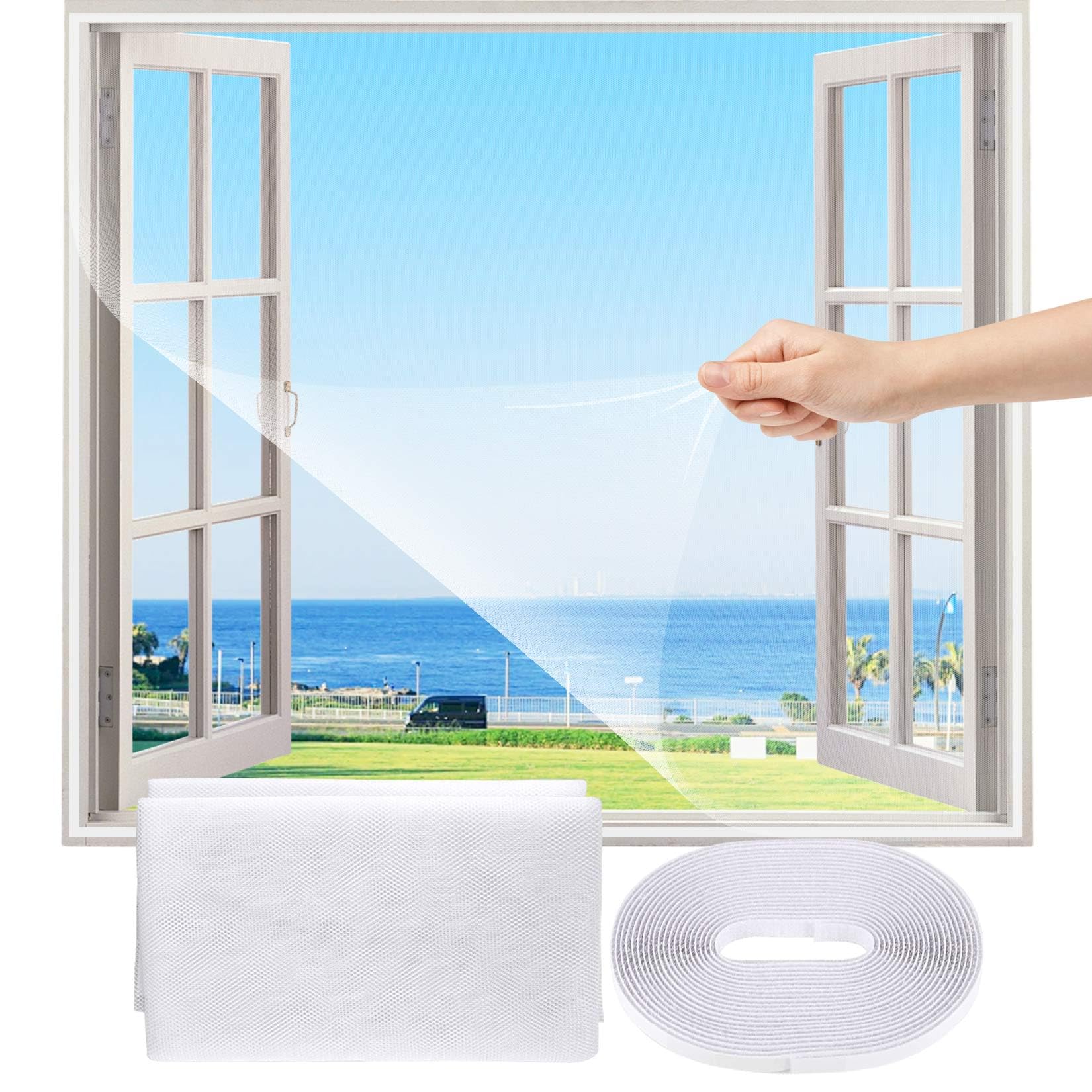 Flyzzz DIY Self-adhesive Window Screen Netting Mesh Curtain, With Hook and Sticky Tape, Can be easily cut down to size and fitted to multiple windows (5 Packs, White)