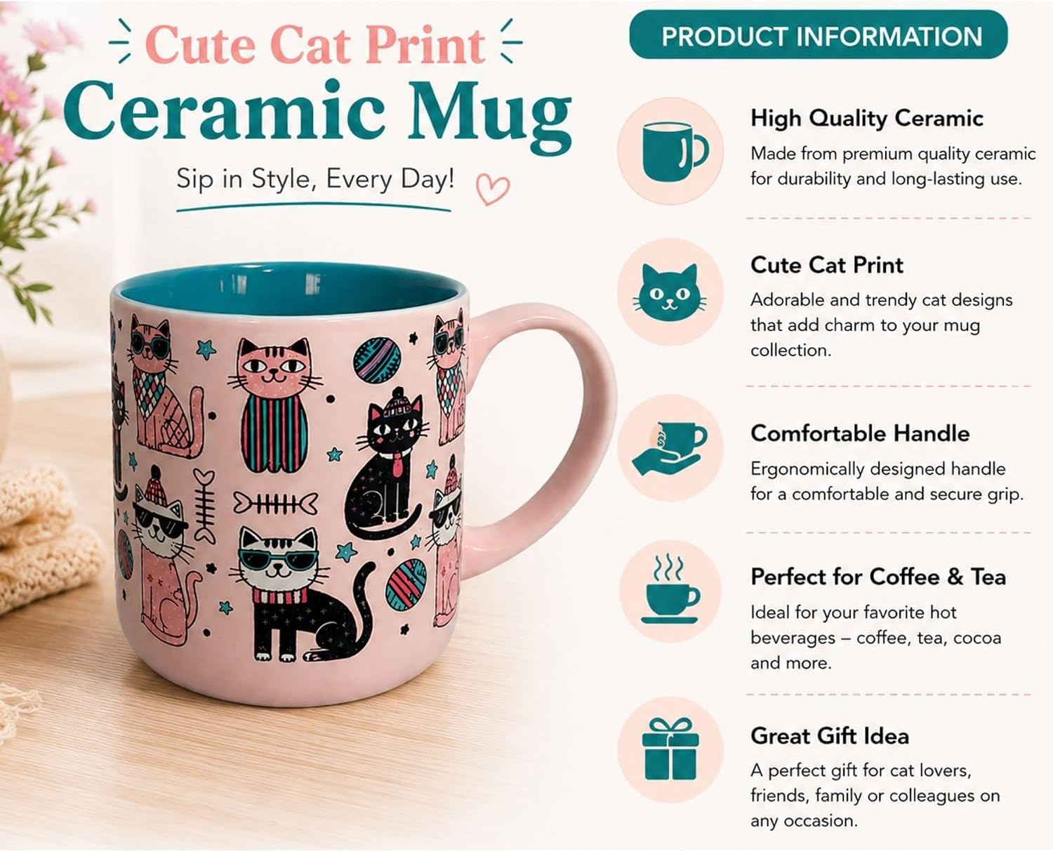 Soft Touch Pink Cat-Themed Design Mug - 18 Oz Coffee Cup with Premium Quality Box - Ceramic Mug for Cat Lover - Coffee Cup for Gift image 4
